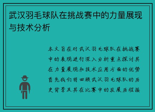 武汉羽毛球队在挑战赛中的力量展现与技术分析