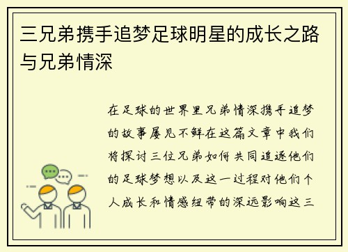 三兄弟携手追梦足球明星的成长之路与兄弟情深